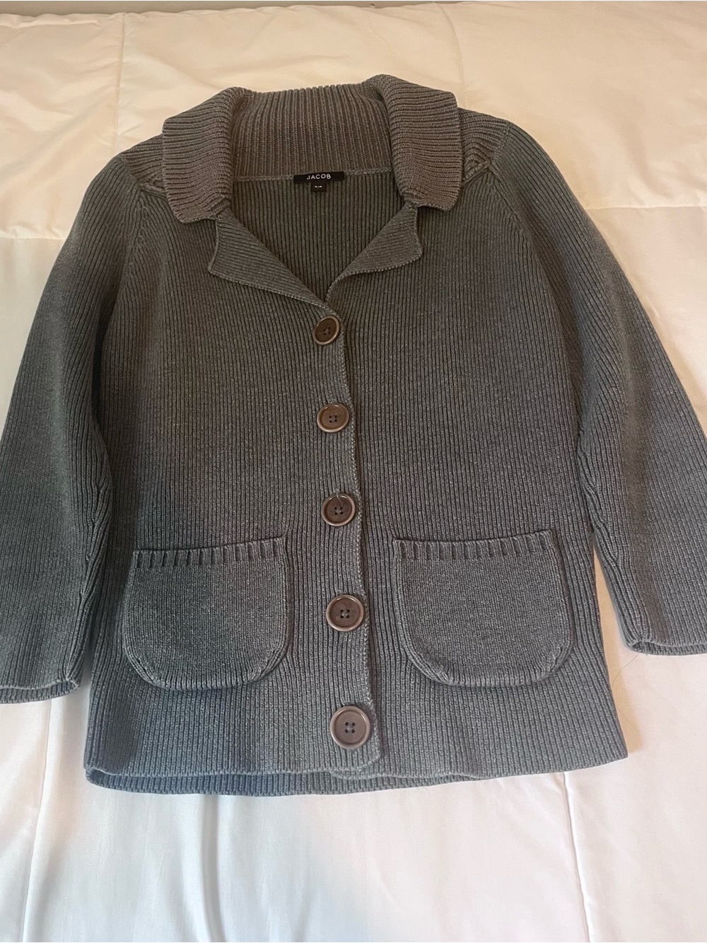 Vintage Jacob grey ribbed knit cardigan, size small.